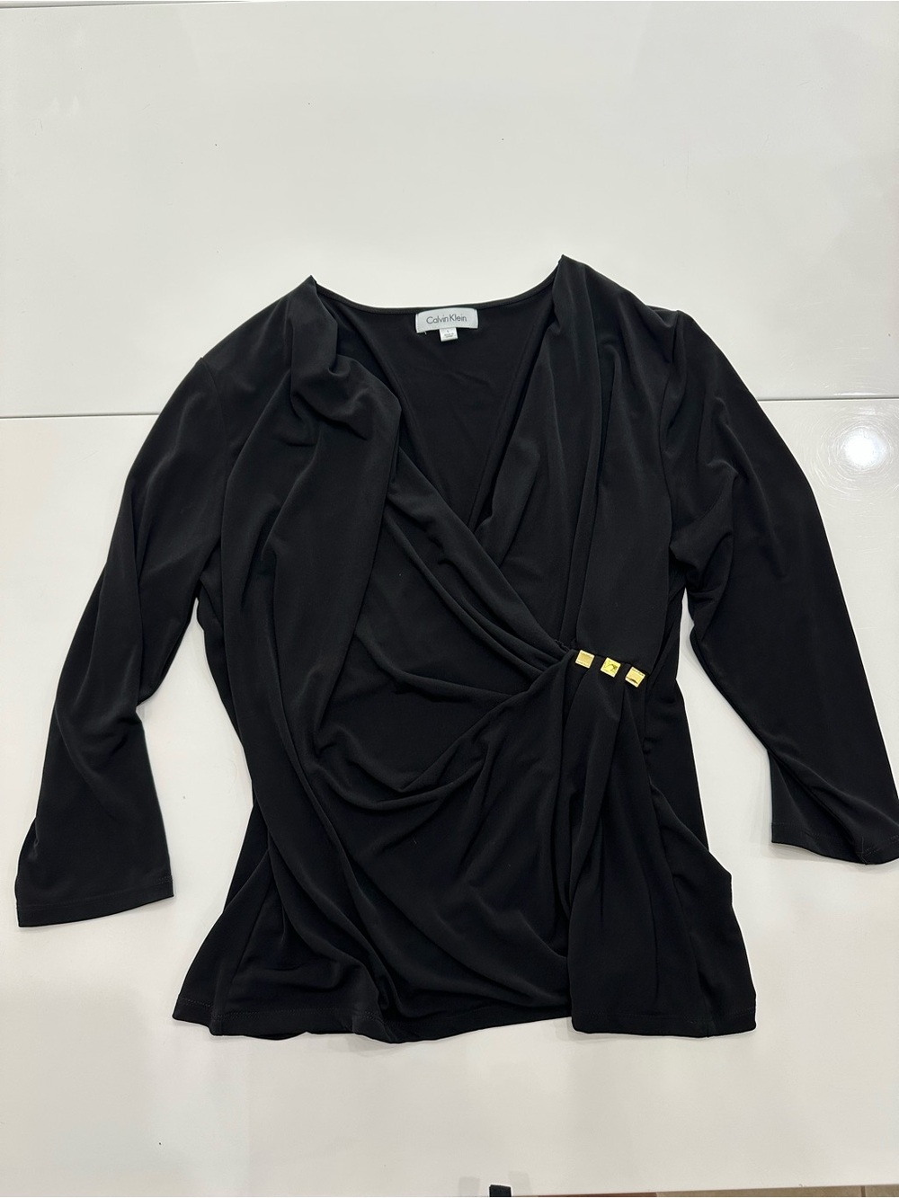 Calvin Klein Black Draped Surplice Faux Wrap Blouse Size Large